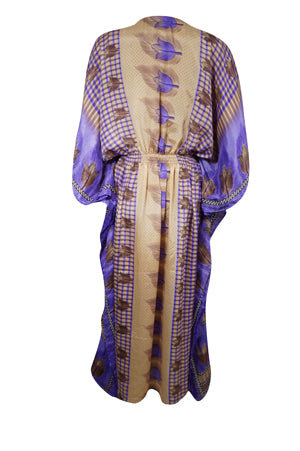 Women Boho Caftan, Eco Chic Beach Purple, Beige Floral Maxi Kaftan L-2X