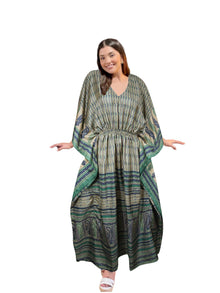  Women's Green and Gray Floral Kaftan – Boho Summer Maxi Caftan Dress L-2X