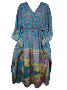  Boho Summer Maxi Kaftan For Women, Steel Blue, Floral Print Caftan Dress L-2X
