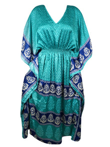  Boho Summer Maxi Kaftan For Women, See Green, Floral Print Caftan Dress L-2X