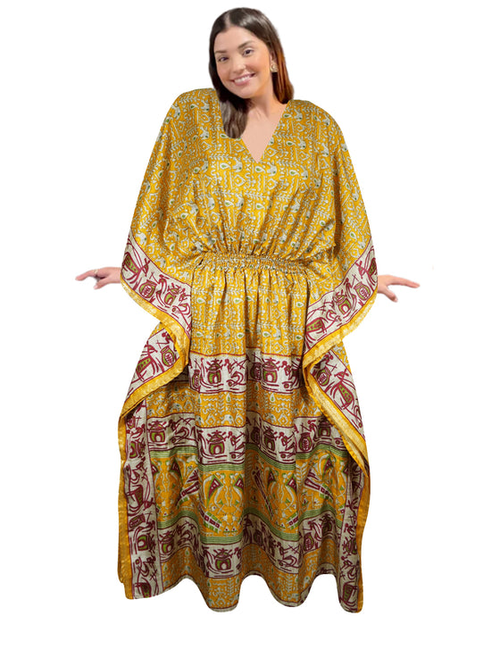 Women's Yellow Medallion Floral Maxi Kaftan – Boho Chic Beach Caftan Dress, L-2X