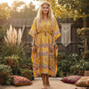 Yellow Medallion Floral Maxi Kaftan for Women | Boho Chic Beach Caftan Dress, L-2X