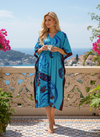 Women’s Azure Blue Floral Maxi Kaftan – Boho Summer Resort & Beach Caftan Dress L-2X