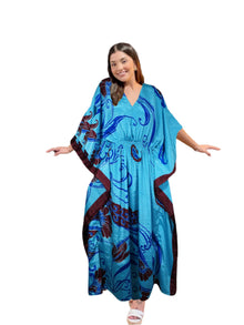  Women's Azure Blue Floral Maxi Kaftan – Boho Summer Caftan Dress for Resort & Beach L-2X