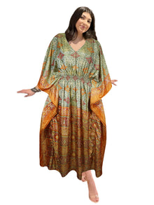  Women's Green Floral Maxi Kaftan – Boho Summer Resort Caftan Dress  L-2X
