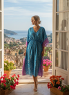 Boho Cerulean Blue Floral Maxi Kaftan Dress – Women’s Summer Resort Wear Caftan L-2X