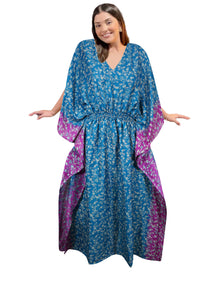  Boho Cerulean Blue Floral Maxi Kaftan Dress – Women's Summer Resort Caftan L-2X
