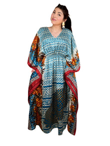  Women's Teal Blue Floral Cotton Kaftan – Boho Summer Maxi Caftan Dress L-2X