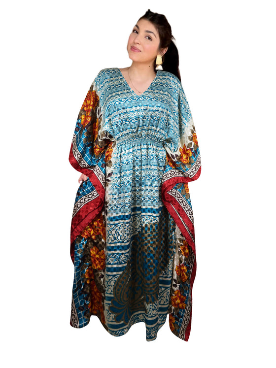 Women's Teal Blue Floral Cotton Kaftan – Boho Summer Maxi Caftan Dress L-2X