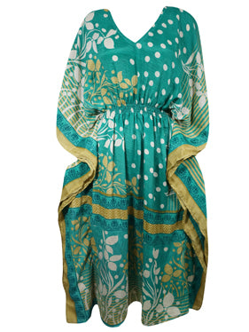 Boho Summer Maxi Kaftan For Women, Pine Green Floral Caftan Dress L-2X