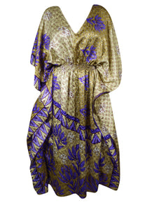  Women Boho Beach Kaftan, Gold Purple  Floral Stylish Maxi Caftan, L-2X