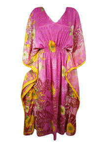  Women Boho Beach Kaftan Pink, Yellow Floral Maxi Caftan Dress, L-2XL