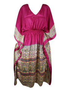 Women Boho Beach Kaftan Bright Pink, Floral Maxi Caftan Dress, L-2XL