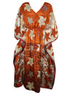 Women Boho Beach Kaftan Orange White Floral Maxi Caftan Dress, L-2XL