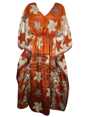 Women Boho Beach Kaftan Orange White Floral Maxi Caftan Dress, L-2XL