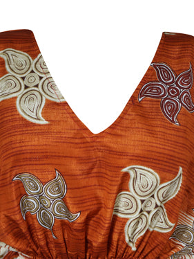 Women Boho Beach Kaftan Orange White Floral Maxi Caftan Dress, L-2XL
