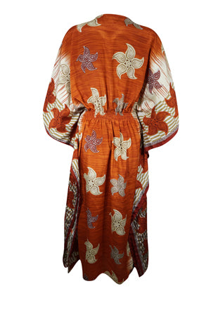 Women Boho Beach Kaftan Orange White Floral Maxi Caftan Dress, L-2XL