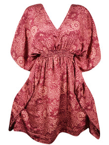  Womens Magenta-red Short Kaftan Dress Summer Beach Recycle Sari Dresses One size