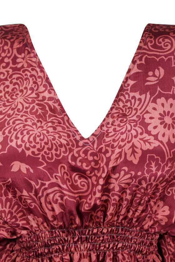 Womens magenta-red Short Kaftan Dress, Summer Beach Recycle Sari Dresses One size