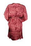 Womens magenta-red Short Kaftan Dress, Summer Beach Recycle Sari Dresses One size