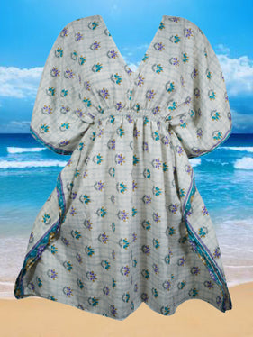 Women Beach Kaftan Dress, Blue Floral Print, Midi Caftan, Lounge wear Resort dress, One size