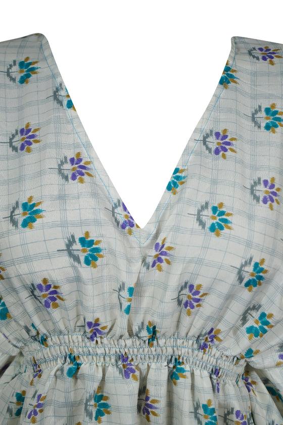 Women Beach Kaftan Dress Blue Floral Midi Caftan, Lounge wear Resort dress, One size