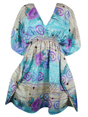 Women Short Caftan Dress, Silk Sari Sea Blue Loose Beach Summer Kaftan Dresses, one size