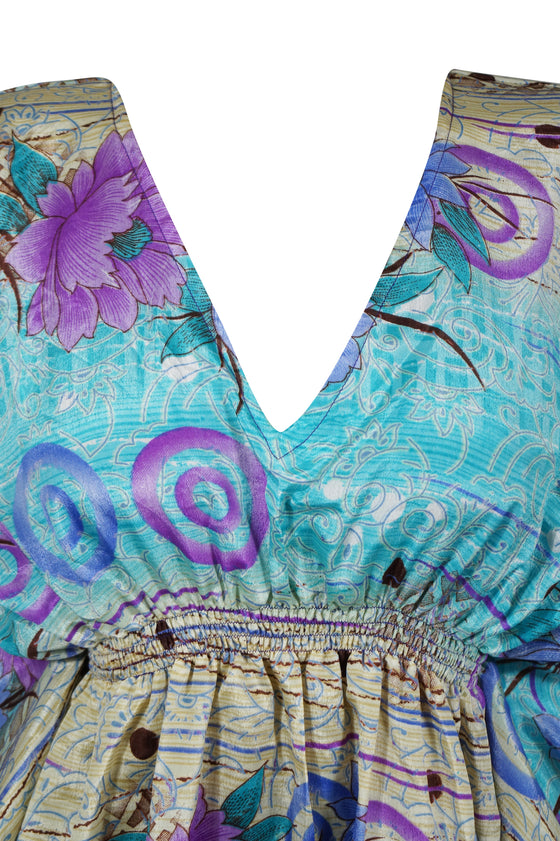 Women Short Caftan Dress, Silk Sari Sea Blue Loose Beach Summer Kaftan Dresses, one size