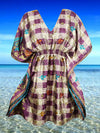 Women Recycle Silk Short Kaftan Dress, Purple White Check Print Summer Dresses One size