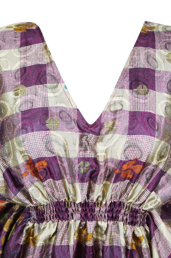 Women Recycle Silk Short Kaftan Dress, Purple White Check Print Summer Dresses One size