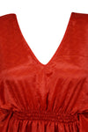 Women Recycle Silk Short Kaftan Dress, Red Printed Beach Dresses One size