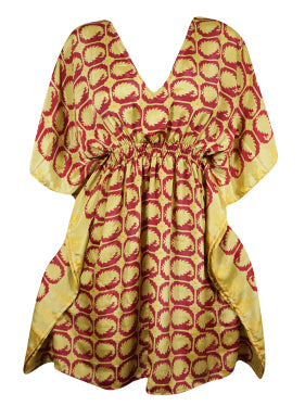 Women Short Caftan Dress, Silk Sari Red Paisley Print Loose Beach Summer Dresses One size