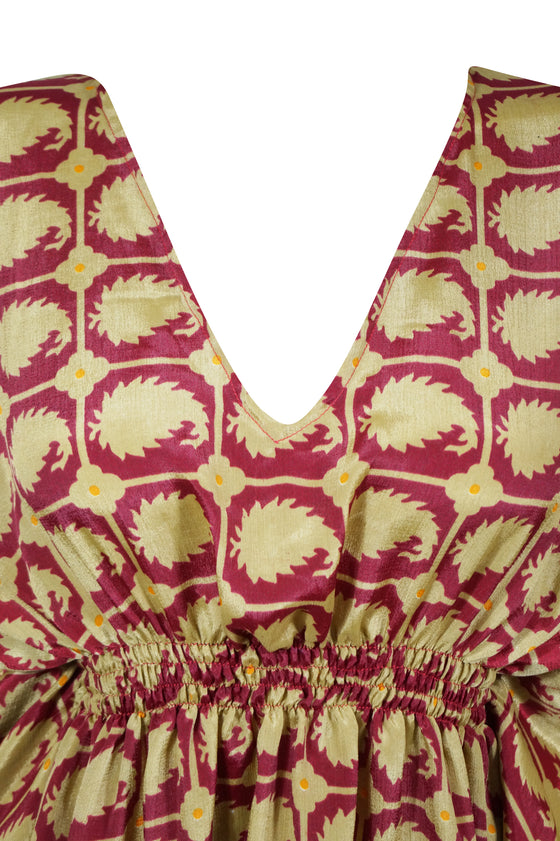 Women Short Caftan Dress, Silk Sari Red Paisley Print Loose Beach Summer Dresses One size