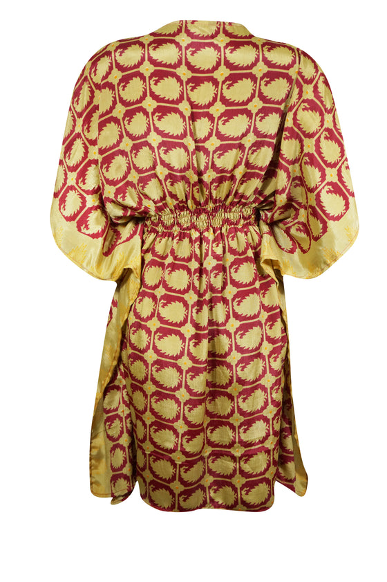 Women Short Caftan Dress, Silk Sari Red Paisley Print Loose Beach Summer Dresses One size