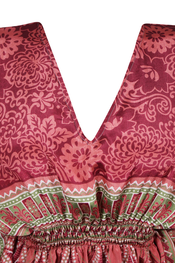 Womens Short Summer Kaftan, Hippie dress, Rustic Pink Printed Beach Coverup One size