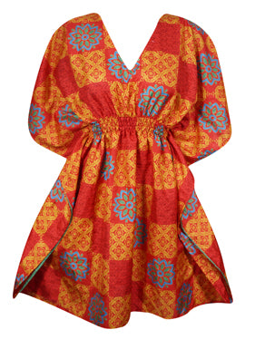 Caftan Short Dress, Loose Beach dress, Orange Red Printed Kaftan Dresses One size