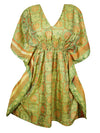 Mint Green Short Kaftan Boho Dress, Recycle Silk Printed Beach Short Dress, One size