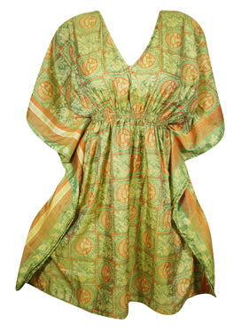 Mint Green Short Kaftan Boho Dress, Recycle Silk Printed Beach Short Dress, One size