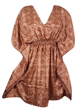 Women Recycle Silk Short Kaftan Dress, Nude Fury Printed Beach Dresses One size