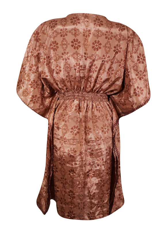 Women Recycle Silk Short Kaftan Dress, Nude Fury Printed Beach Dresses One size