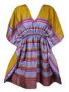 Women Sari Kaftan Dress, Blue Yellow Print, Lounge Wear Short Dresses, One size
