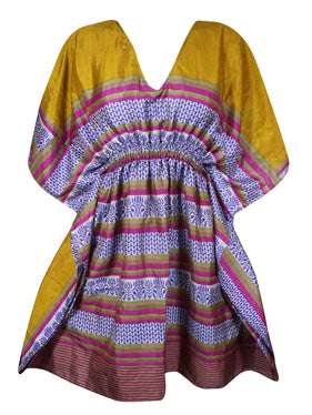 Women Sari Kaftan Dress, Blue Yellow Print, Lounge Wear Short Dresses, One size