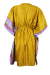 Women Sari Kaftan Dress, Blue Yellow Print, Lounge Wear Short Dresses, One size