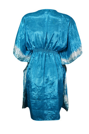 Women Beach Kaftan Dress Blue Short Summer Dresses, One size