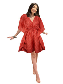  Women's Rose Red Printed Kaftan Dress – Boho Resort Wear for Summer Beach Days One size