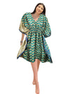 Women's Green & Beige Boho Tunic – Recycled Silk Kaftan Dress for Summer Style SML