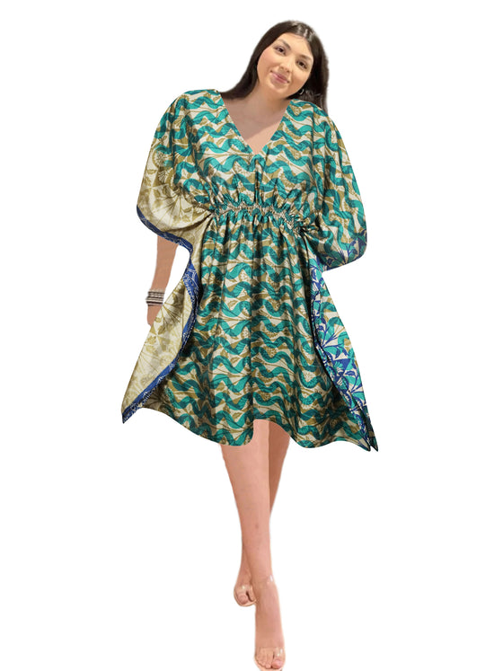 Women's Green & Beige Boho Tunic – Recycled Silk Kaftan Dress for Summer Style SML