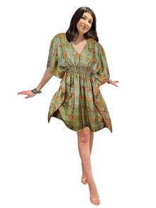 Women's Green Floral Kaftan Dress – Boho Resort Wear for Summer Beach Days SML