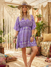Women’s Iris Purple Floral Kaftan – Short Boho Summer Beach Dress & Resort Cover-Up SML
