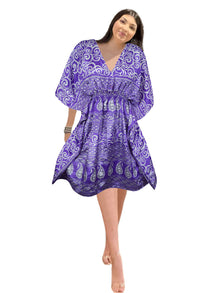  Women's Iris Purple Floral Kaftan – Short Boho Summer Beach Dress, SML